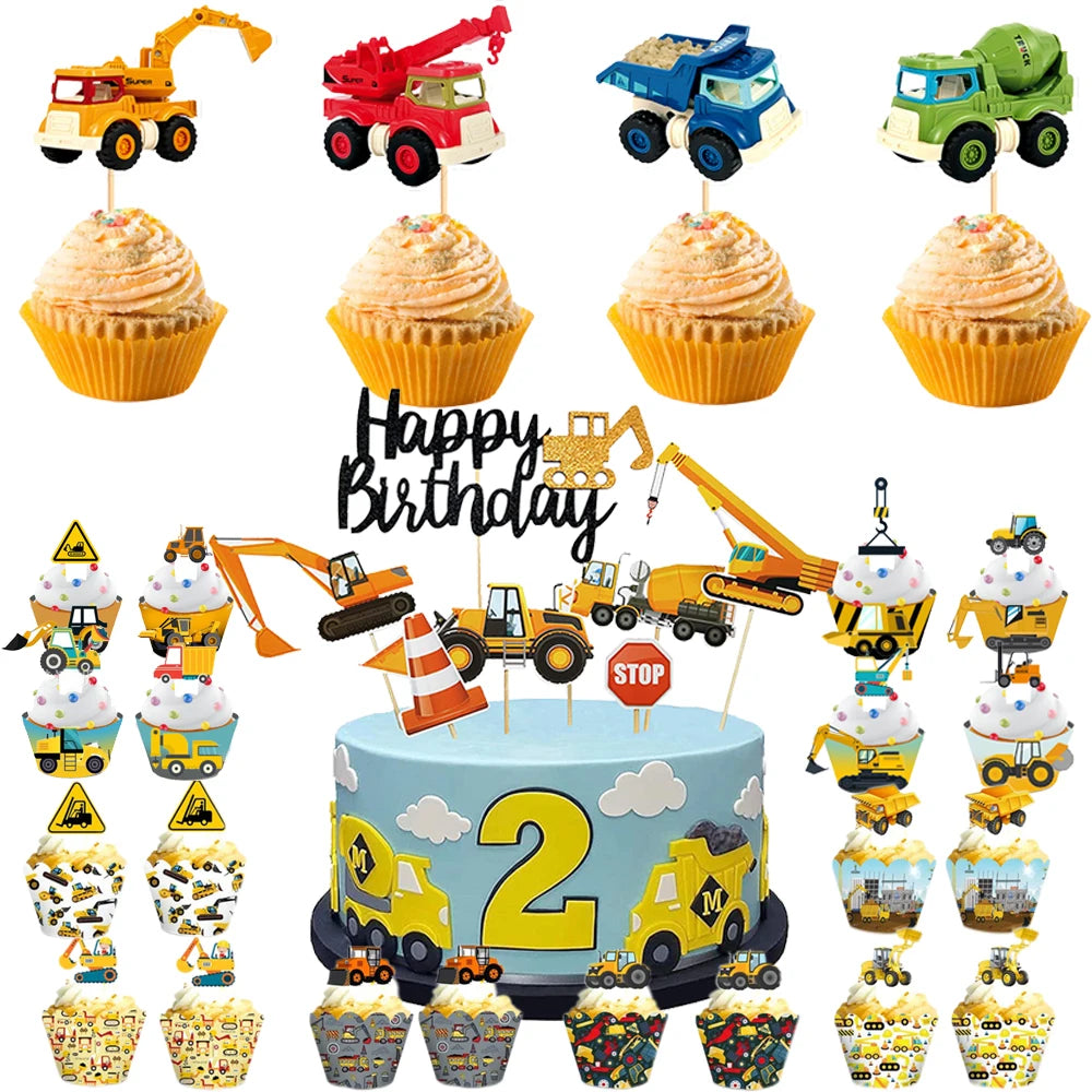 accessoires decoration gateau construction camions grue pelle carton multicolore anniversaire enfants toppers cupcakes