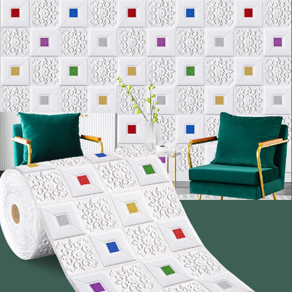 panneau décoratif mural adhésif blanc motif géométrique carrés dorés moderne élégant salon chambre