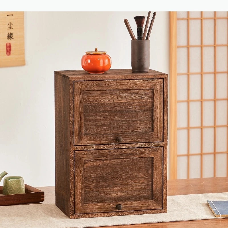 meuble classique marron foncé deux tiroirs bois naturel finition lisse poignées tirage rangement maison