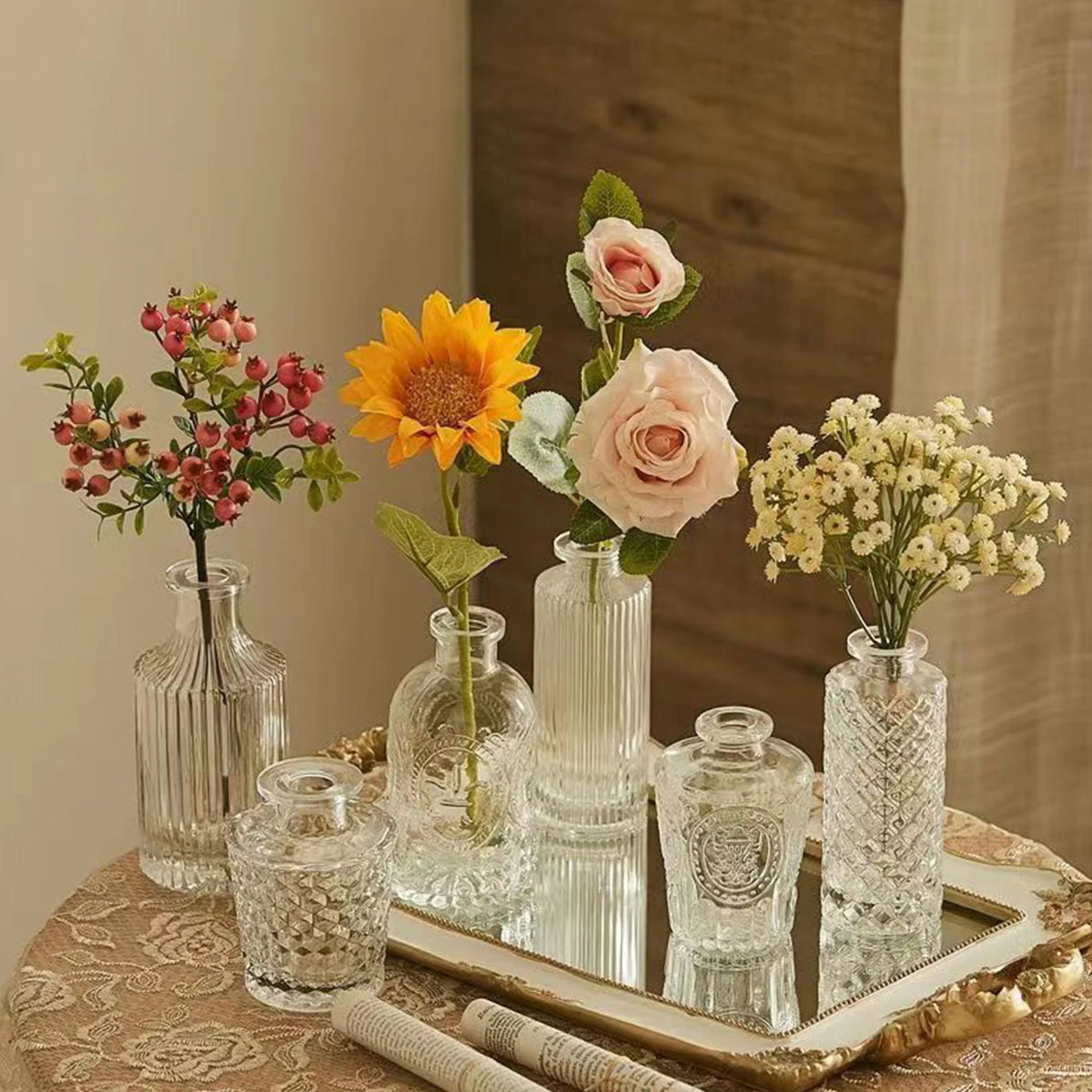 vases verre transparents texturés décoration table mariage fleurs herbes séchées diverse couleur vintage champêtre