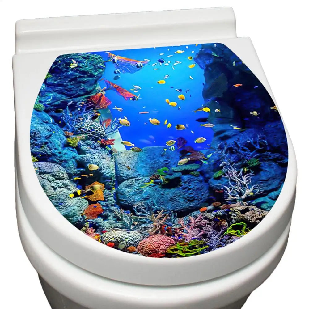 autocollant toilette moderne scène sous marine coraux poissons couleur bleue décoration salle bains facile
