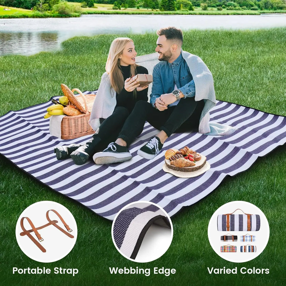 couverture pique nique bleu marine rayures horizontales ceintures marron imperméable pliable extérieure camping plage