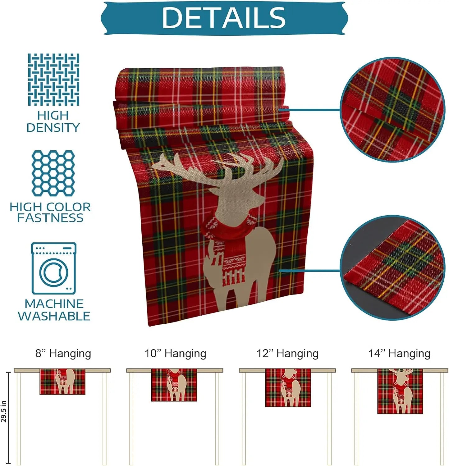 Tenture en tartan rouge avec silhouette de cerf, disponible en différentes tailles d'accrochage pour la décoration d'intérieur.