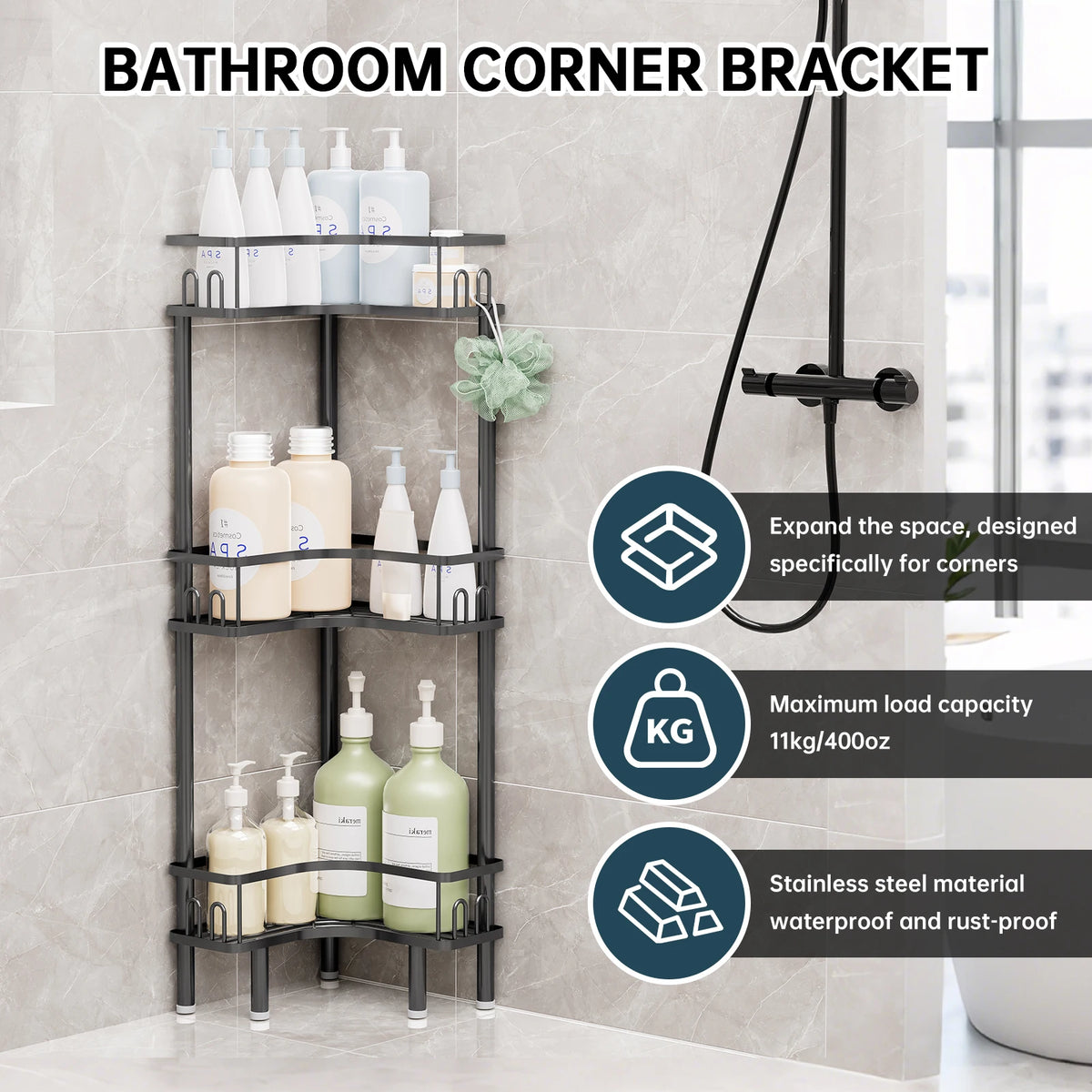 étagère angle salle bain acier inoxydable noir moderne rangement bouteilles serviettes brosse dents