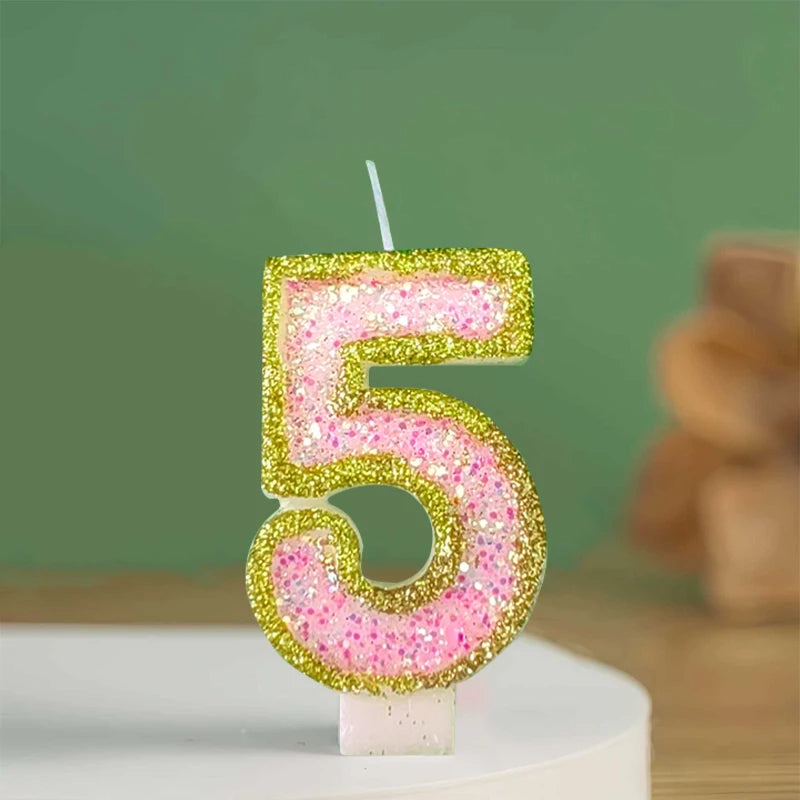 bougies numériques paillettes multicolores support brillant decoration fête números blanc doré rose pâle