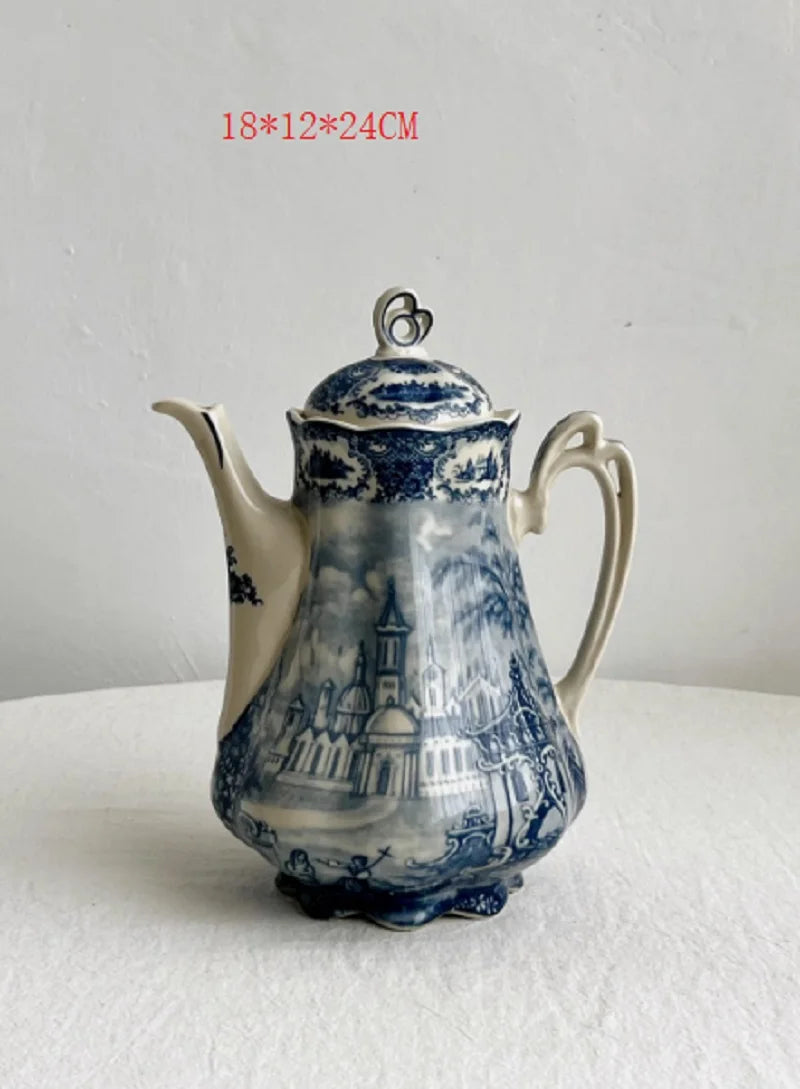 service thé céramique blanc bleu toile jouy poignées théière caféière soupière tasses