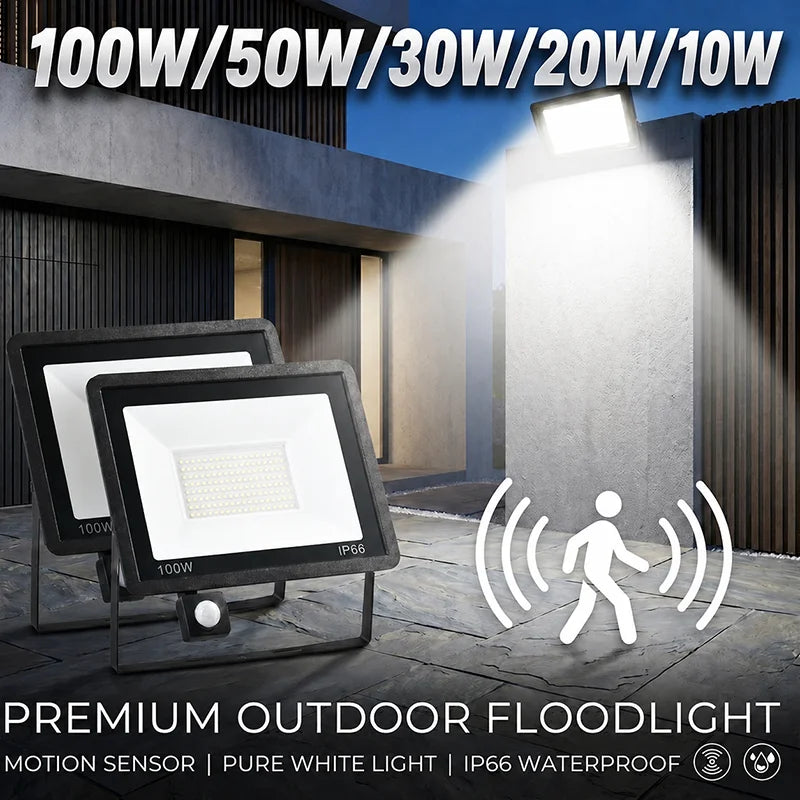 projecteur led moderne éclairage extérieur noir ip66 détecteur mouvement fixation murale flux lumineux économie