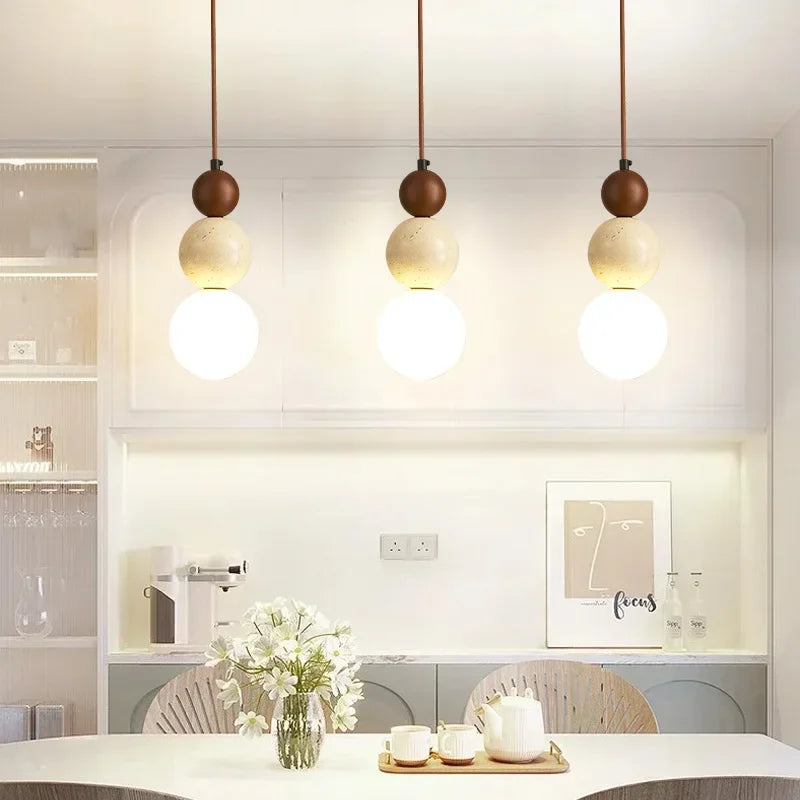 suspension lumineuse moderne pierre bois texture naturelle 3000K marron clair interrupteur bouton LED 90