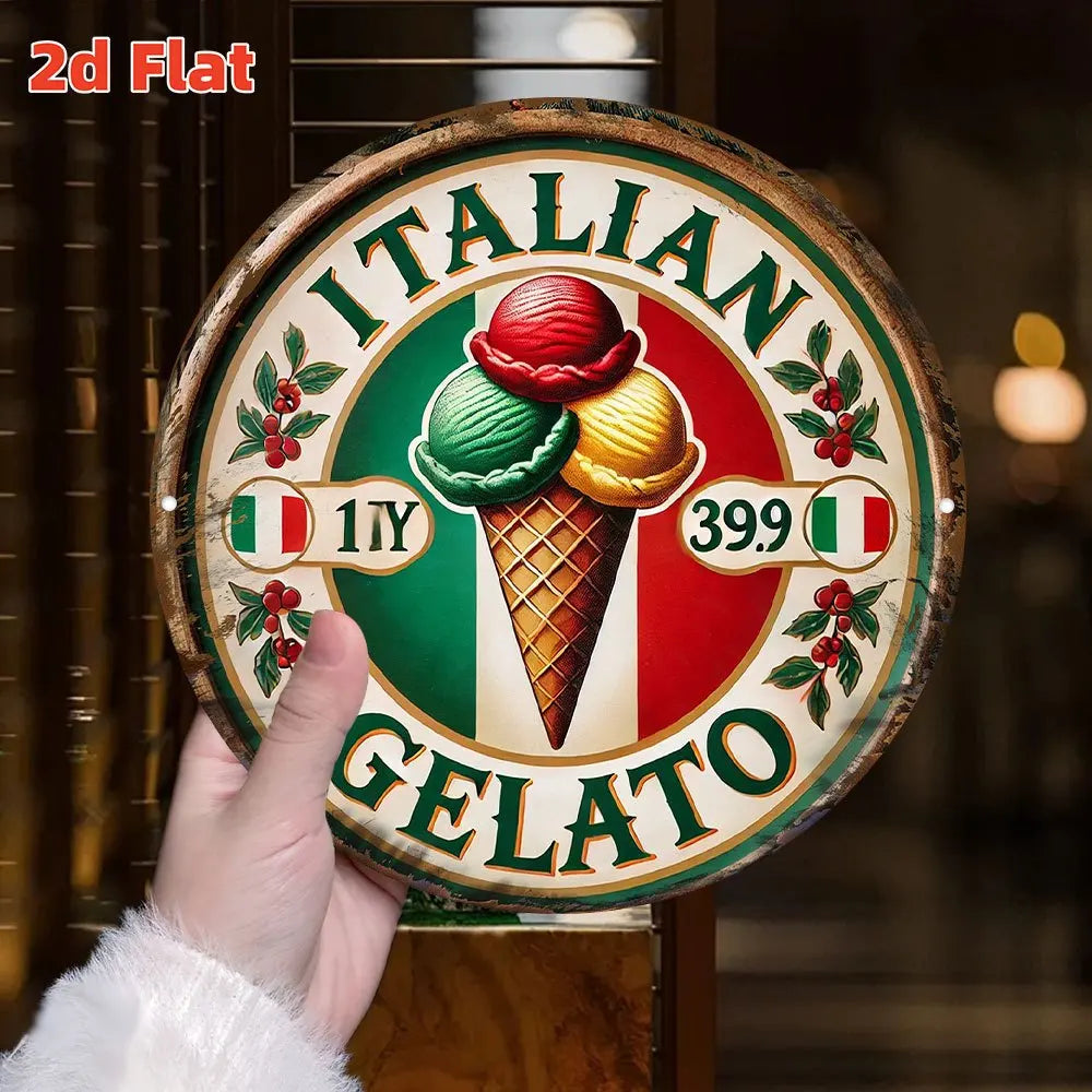plaque publicitaire vintage motif glace trois boules drapeau italien couleurs vert rouge blanc beige