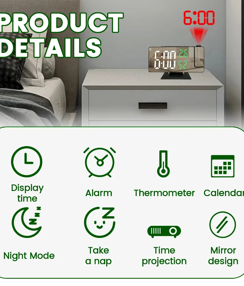 réveil projecteur miroir minimaliste noir blanc écran led vert moderne support table
