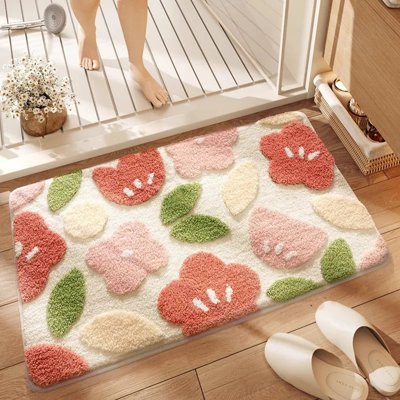 tapis bain doux antidérapant clips motif fleurs feuilles salle bain