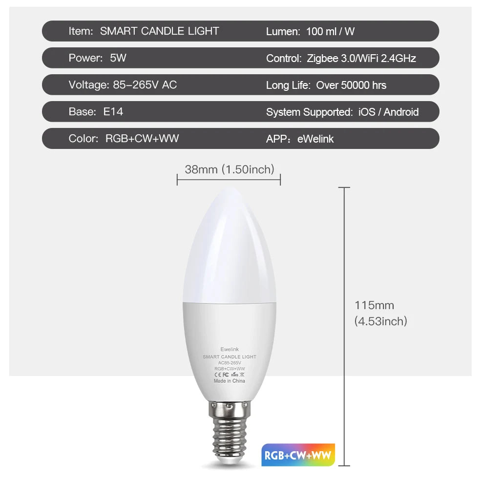 lampe led bougie blanc moderne base e14 wifi zigbee 1000 lumens 50000 heures