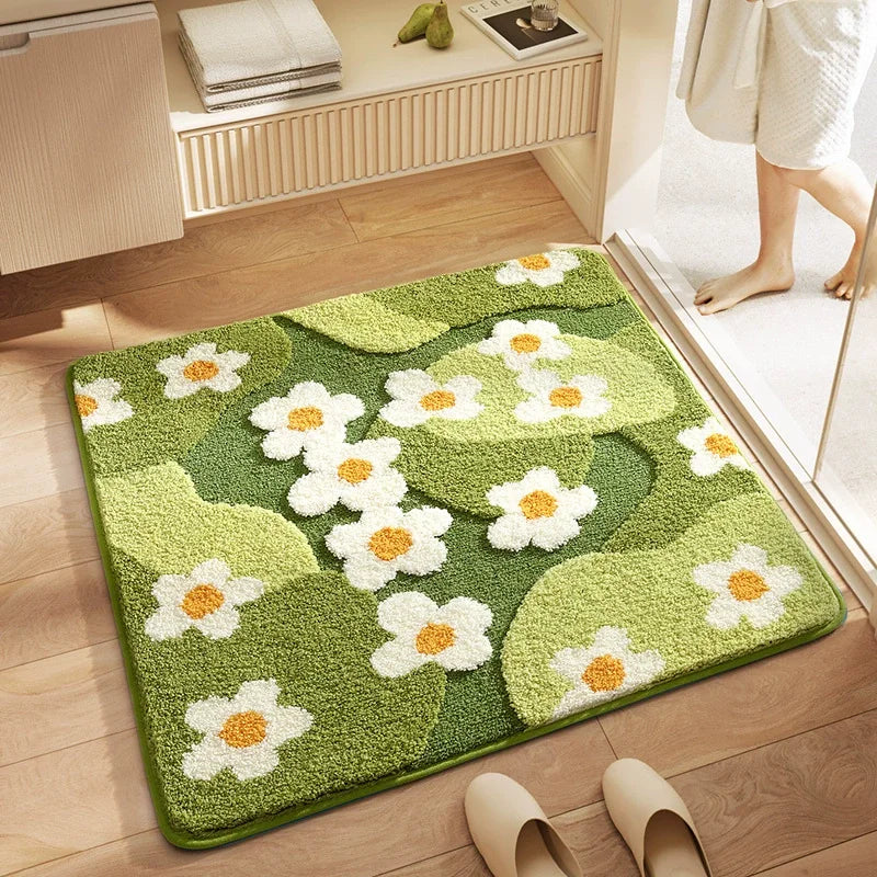 tapis bain microfibre carré motif fleurs moderne doux absorbant salle bain vert blanc