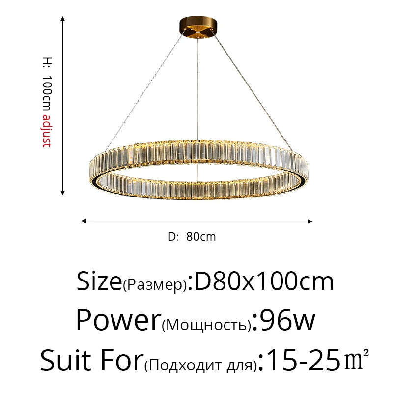 suspension lumineuse moderne or transparent cristaux led télécommande élégante salon chambre