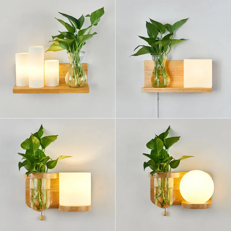 lampe murale moderne bois naturel verre transparent chambre coucher salon entrée cuisine