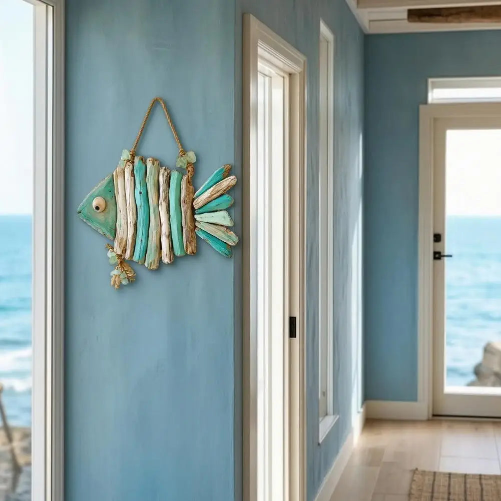 décoration murale poisson bois flotté vert clair rustique artisanal cordelette enchanvre