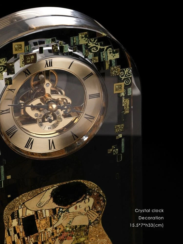 horloge table art nouveau klimt baiser cadran doré transparent verre géométrique salon vintage aiguille