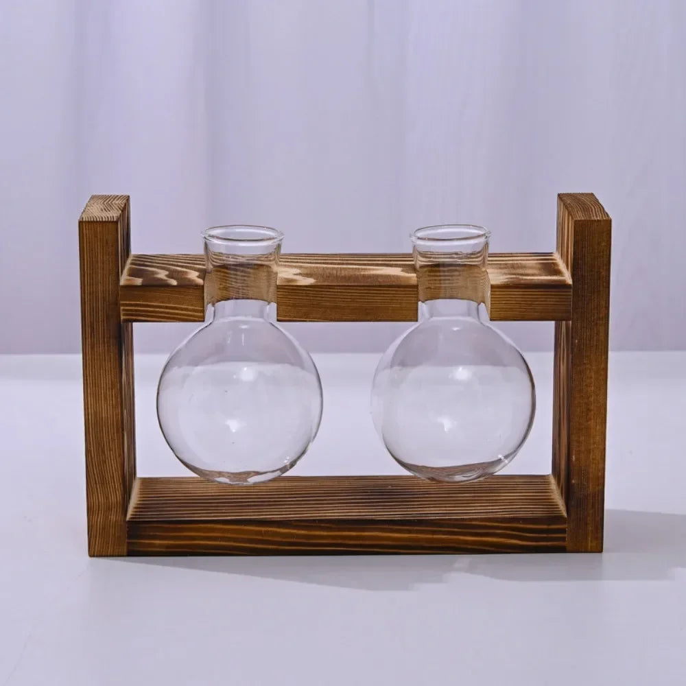 support plantes verre moderne bois marron clair vase transparent feuilles vertes multicoloresintérieur décoration