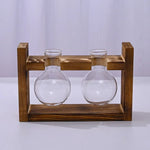 support plantes verre moderne bois marron clair vase transparent feuilles vertes multicoloresintérieur décoration