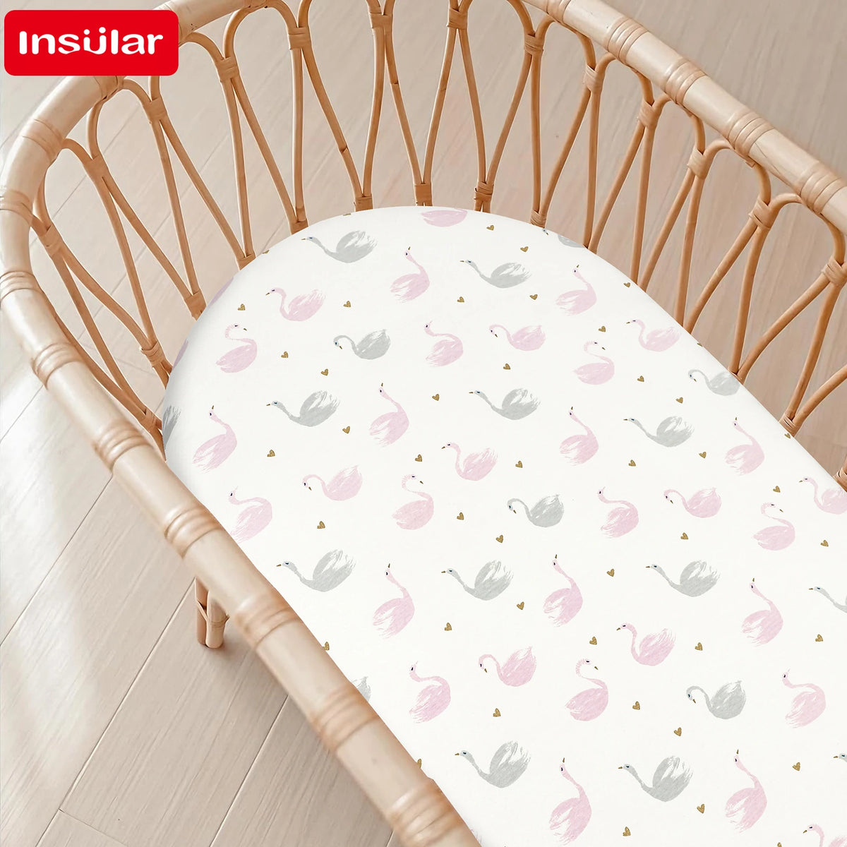 draps bébé motif cygnes coeurs doux coton blanc rose gris jaune enfantins housse élastiquée