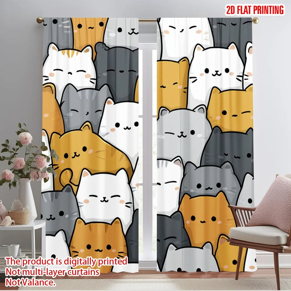 rideau moderne chatons mignons souriant blanc gris orange polyester pièces