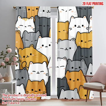 rideau moderne chatons mignons souriant blanc gris orange polyester pièces