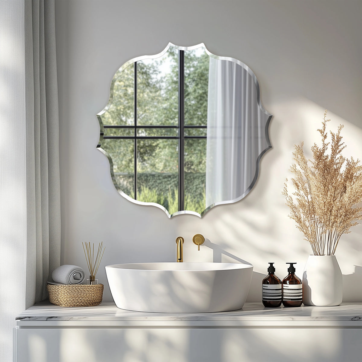 miroir moderne argenté bord ondulé portable autonome chambre salon entrée