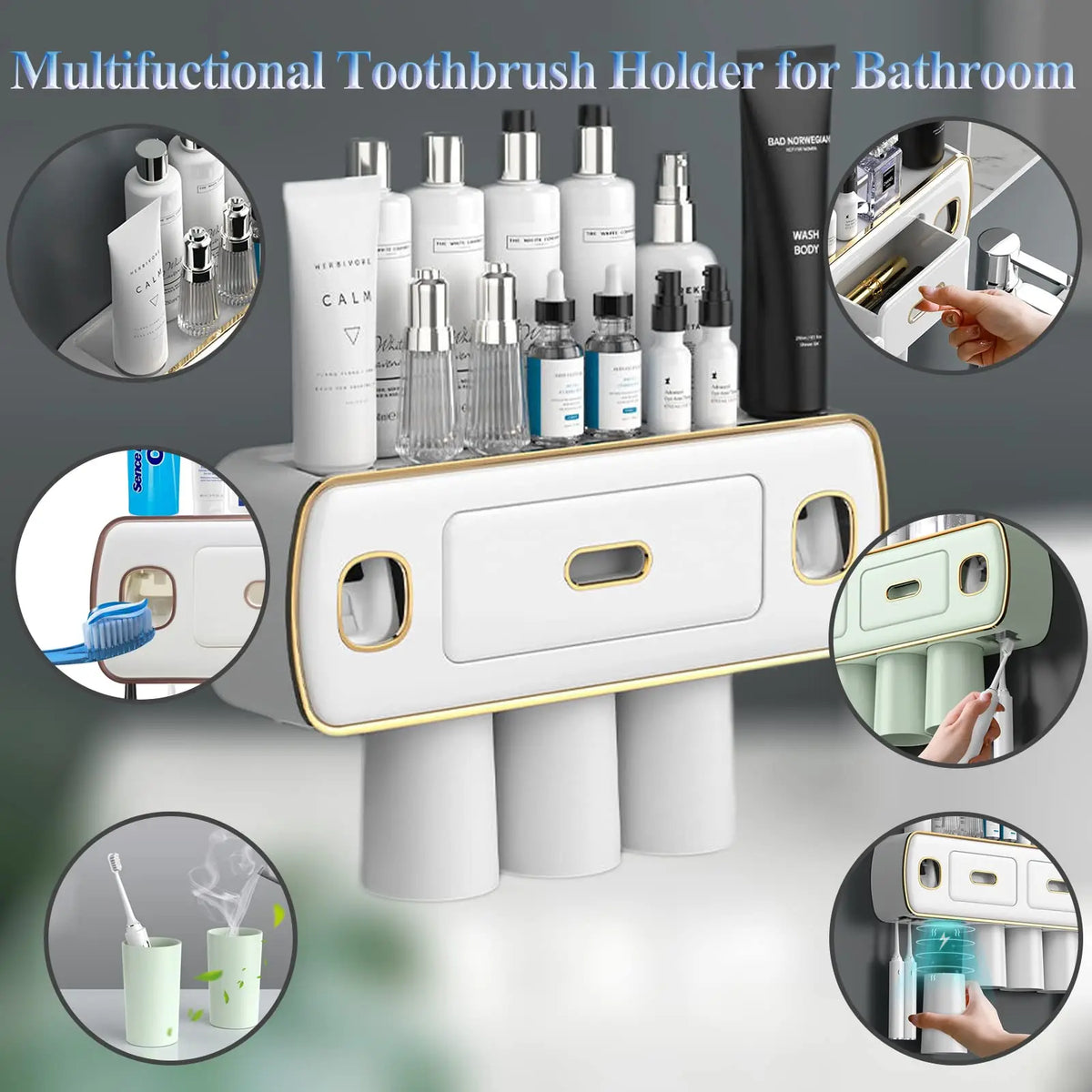porte brosses dents adhésif moderne rangement dentifrice distributeur blanc or