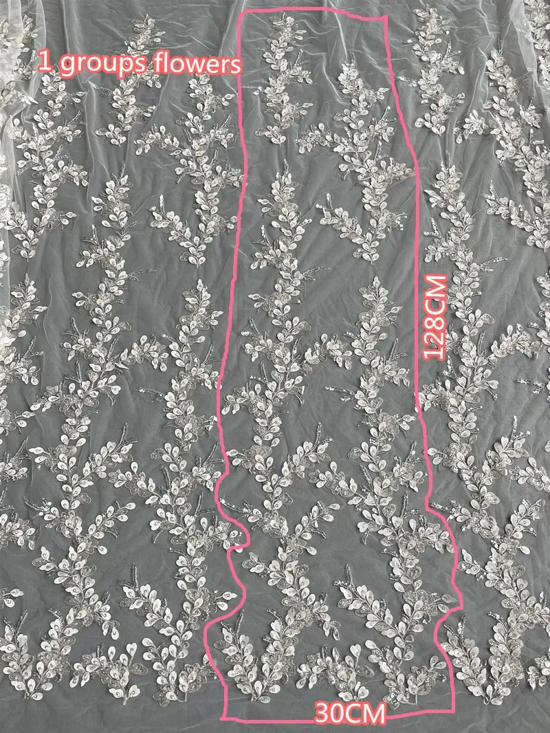 tissu décoratif gris clair feuilles relief sequins semi transparent brodé élégant polyester 150cm 128cm