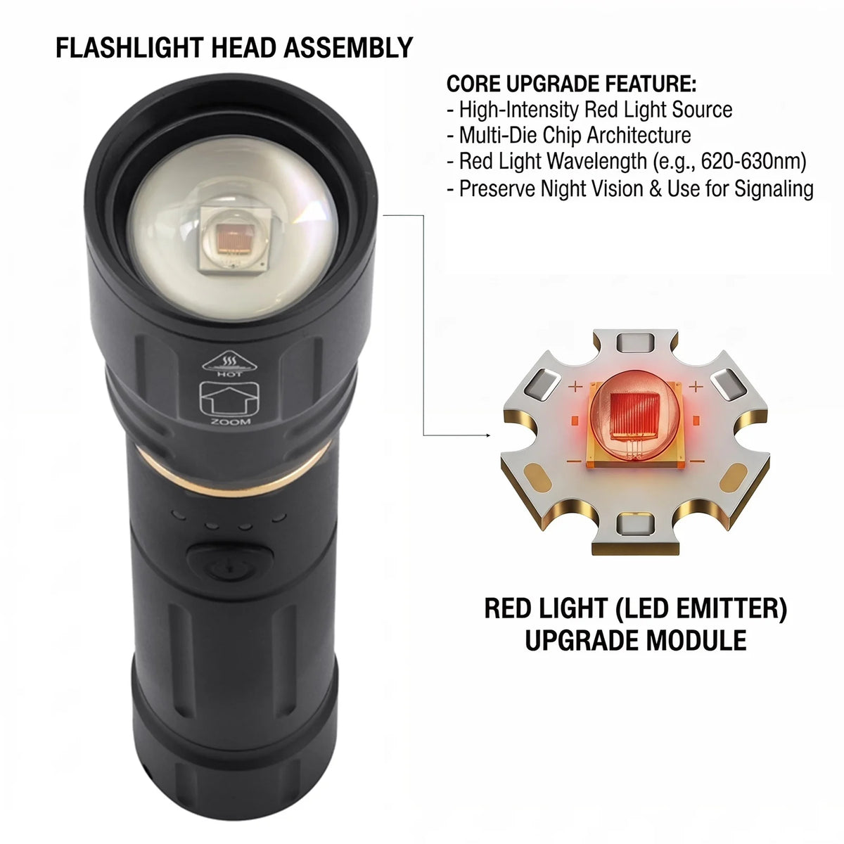 lampe torche led rouge rechargeable aluminium robuste tactique chasse camping pêche