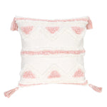 coussins boho chic rose clair blanc motif géométrique pompons opaques adhésifs