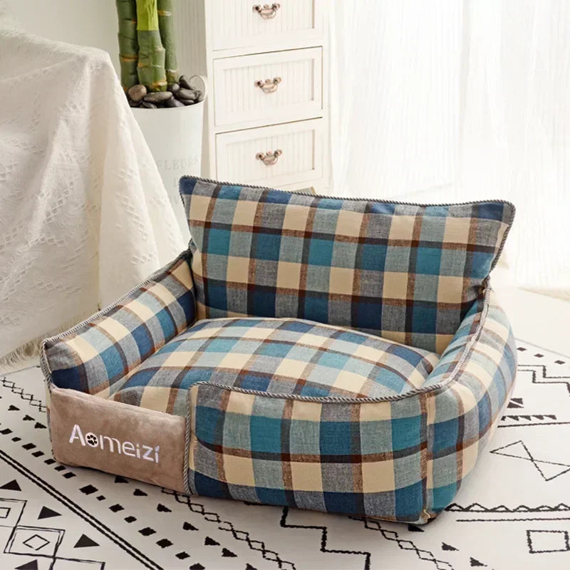 lit chien tissu doux carreaux gris blanc coussin matelas confortable amovible lavable intérieur