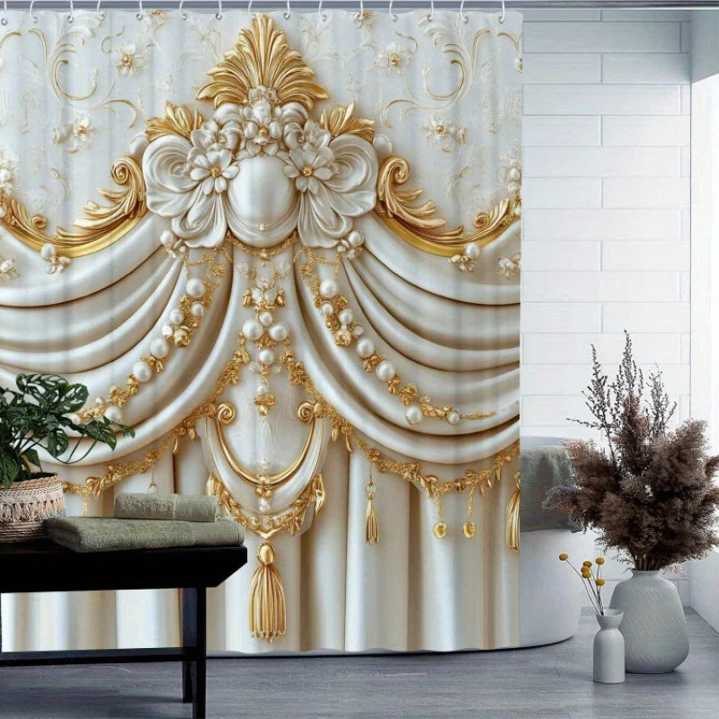 rideau douche blanc doré ornements baroques classique imperméable polyester respectueux environnement