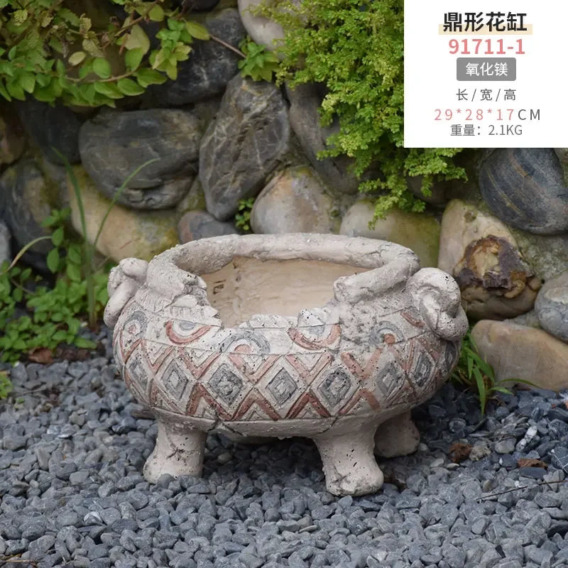 pots fleurs vintage gris motifs géométriques rustiques plantes artificielles cour jardin decoration