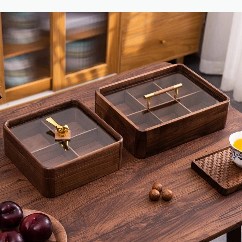 boîte compartiments bois marron noix réutilisable moderne transparent poignée dorée minimaliste