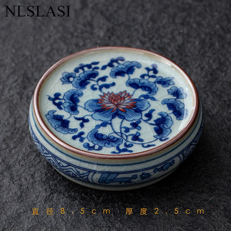 boîte thé bleu blanc rouge peinture chinoise artisanale tasse inclusion montagne fleur