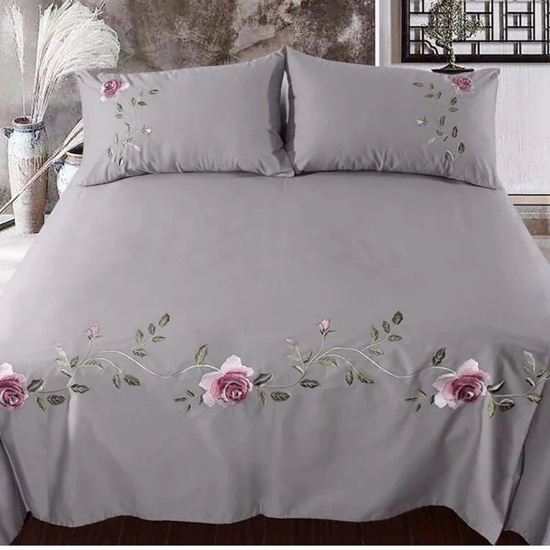 drap lit rose brodé feuilles vertes coton polyester lit adulte classique floralsetSize: 14 words