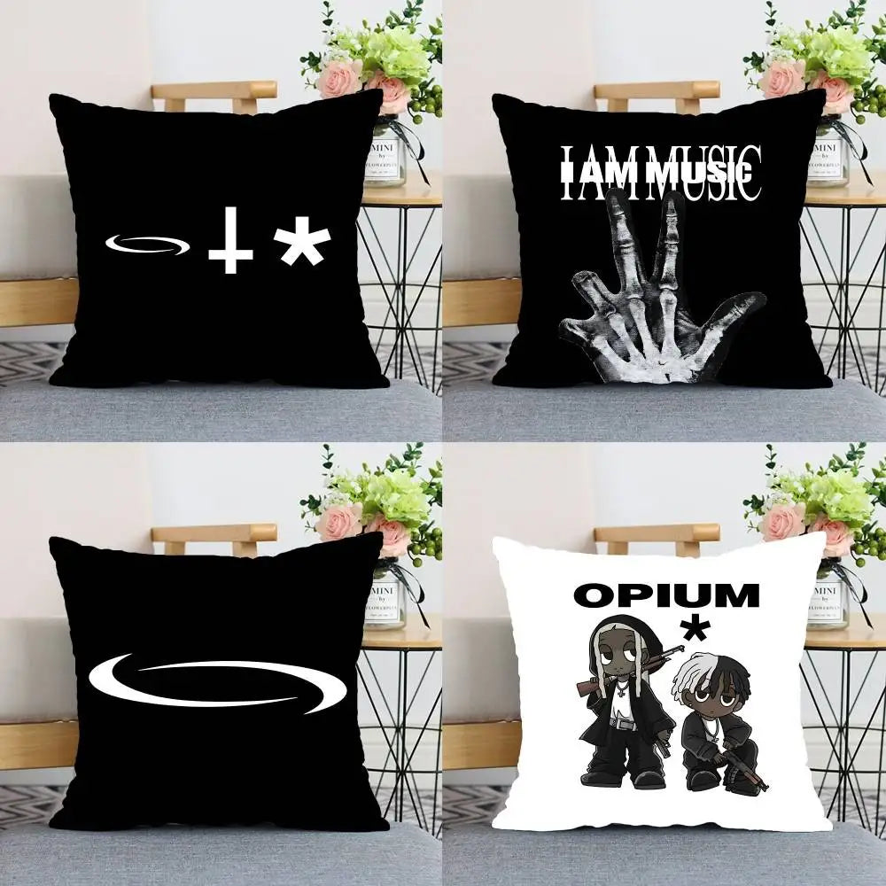 taie d'oreiller polyester motif géométrique moderne coussin carré noir symboles blancs étoile croix spirale