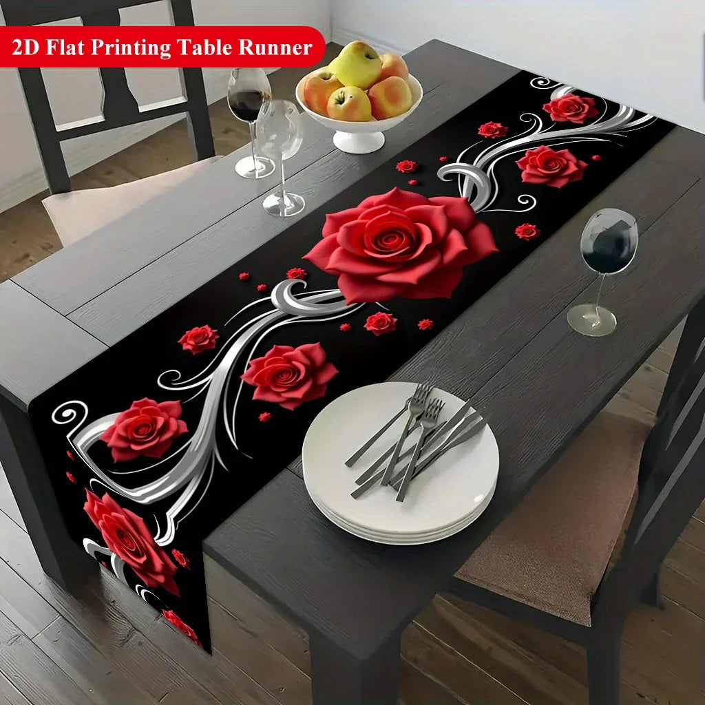 nappe runner fleurs roses relief fond noir décoratif argenté table manger