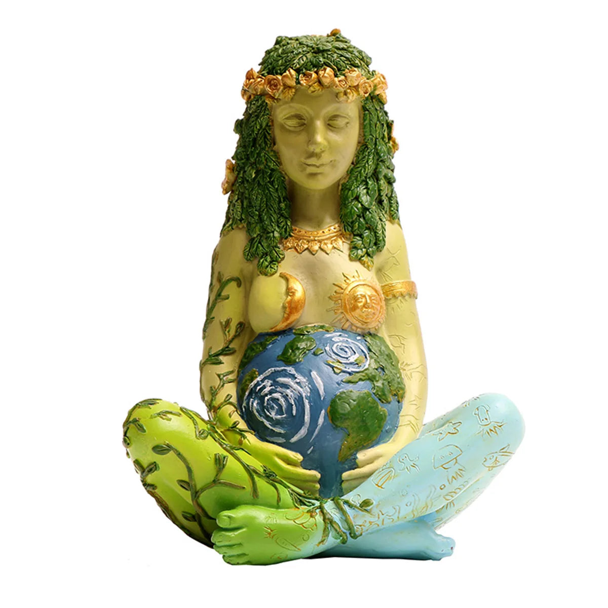 statuette verte déesse motifs floraux art nouveau globe terrestre textures organiques feuilles fleurs