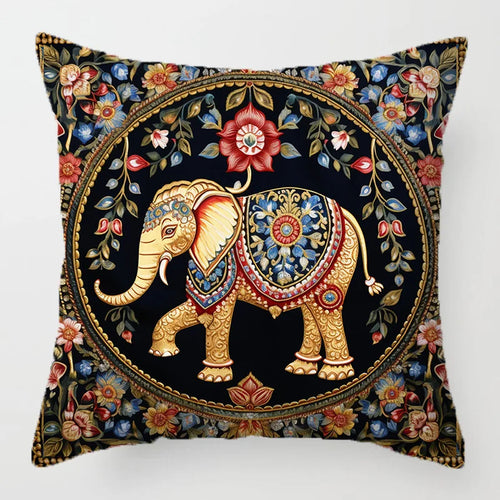 housse coussin carrée motif éléphant fleurs vintage canapé salon décoratif