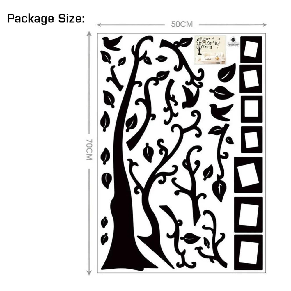 sticker mural arbre moderne noir branches feuilles oiseaux cadres photo 50x70cm