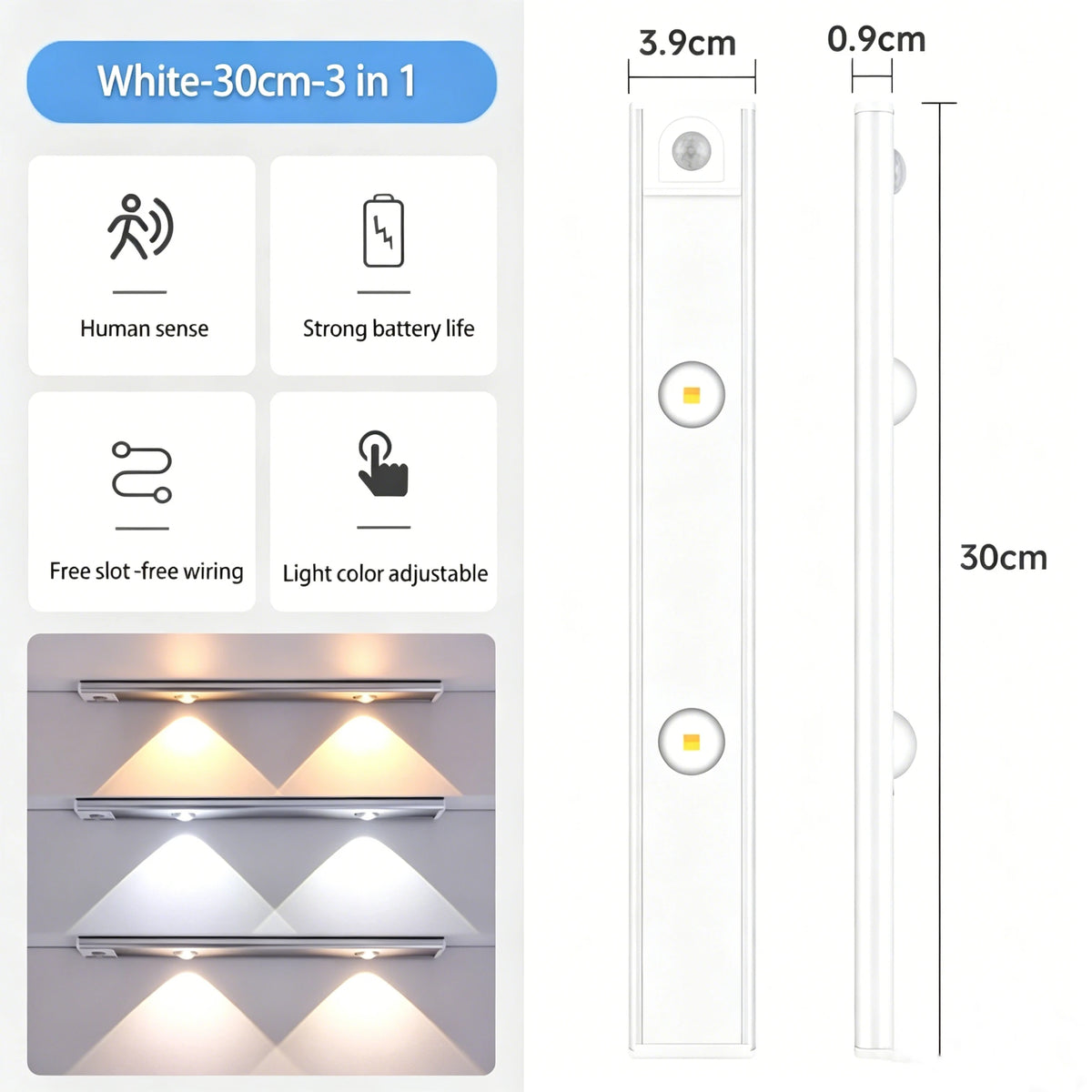 éclairage led sous cabinet blanc triangle moderne clips rechargeable usb