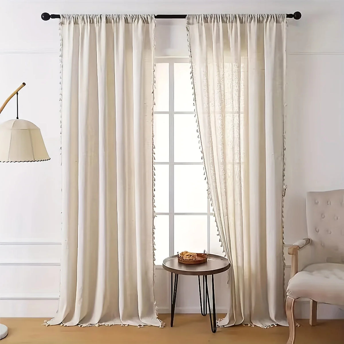 rideau rustique boho chic beige clair tissu polyester franges opacité