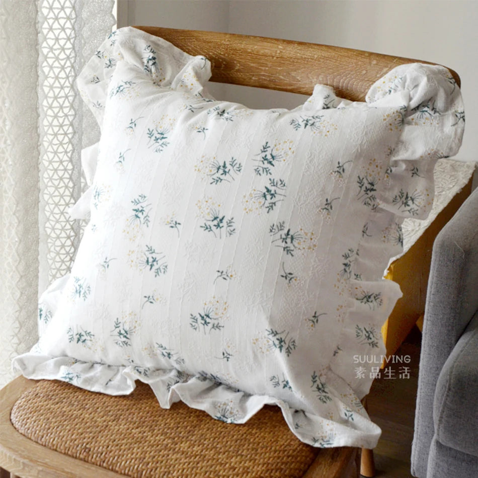 housse coussin coton fleurs bleues jaunes vintage décorative blanche 40x40cm 50x50cm adhésive