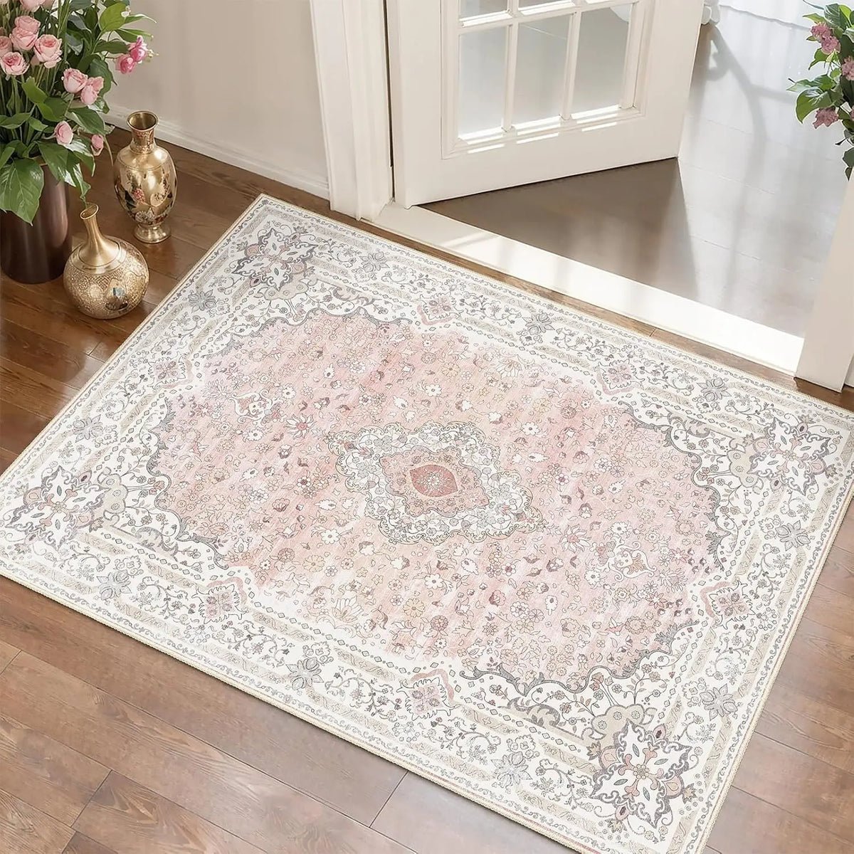 tapis floral ornements géométriques anti dérapant rose bleu vert classique durable extérieurintérieur