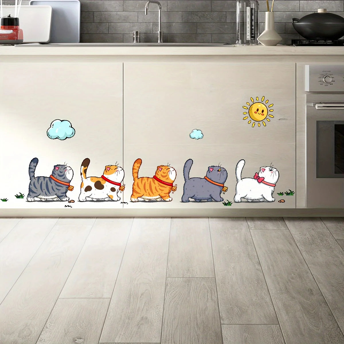 sticker mural vinyle chats nuages soleil cartoon enfants gris orange blanc bleu joyeux chambre