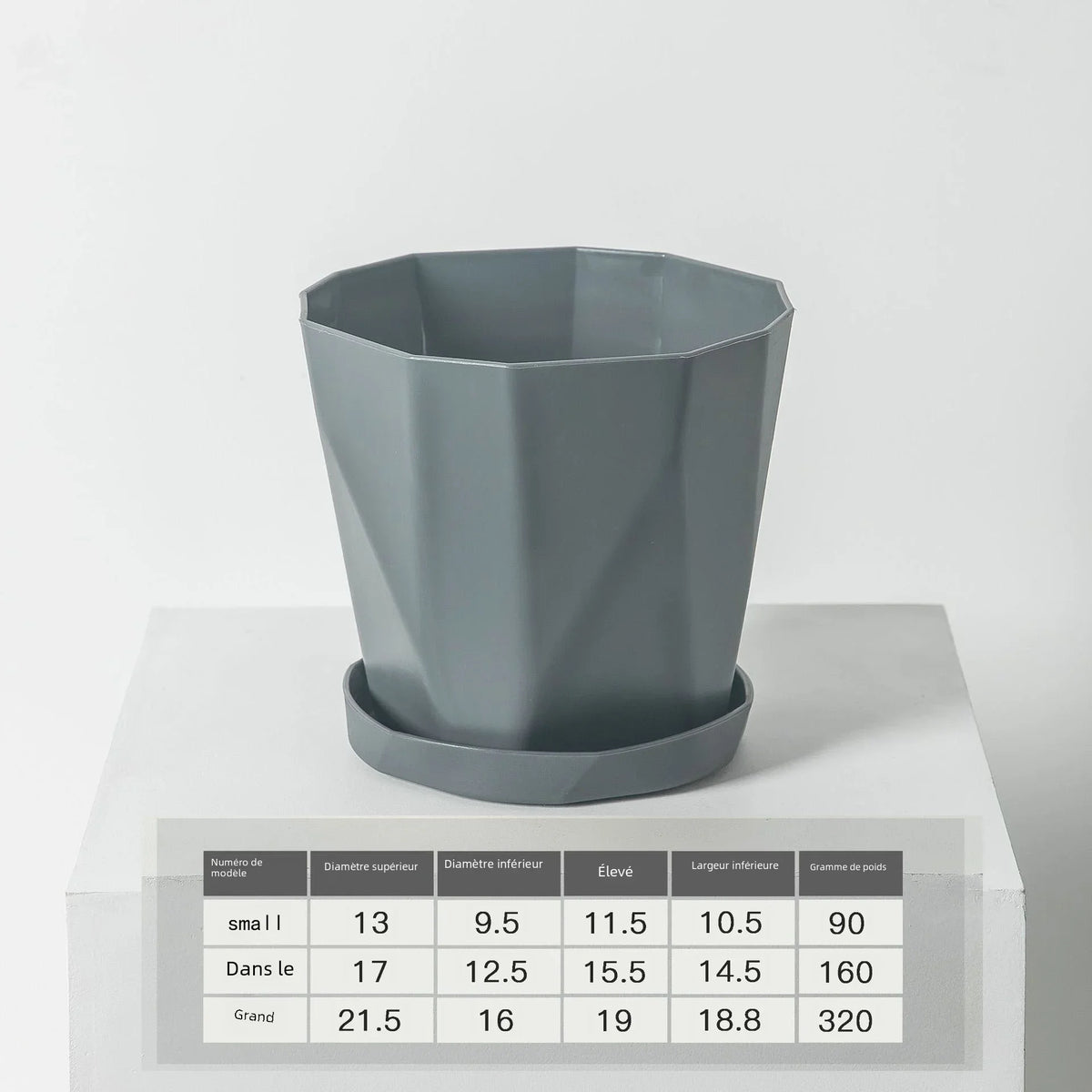Pots fleurs modernes pots plastique facettes géométriques gris blanc plateau amovibleintérieurextérieur