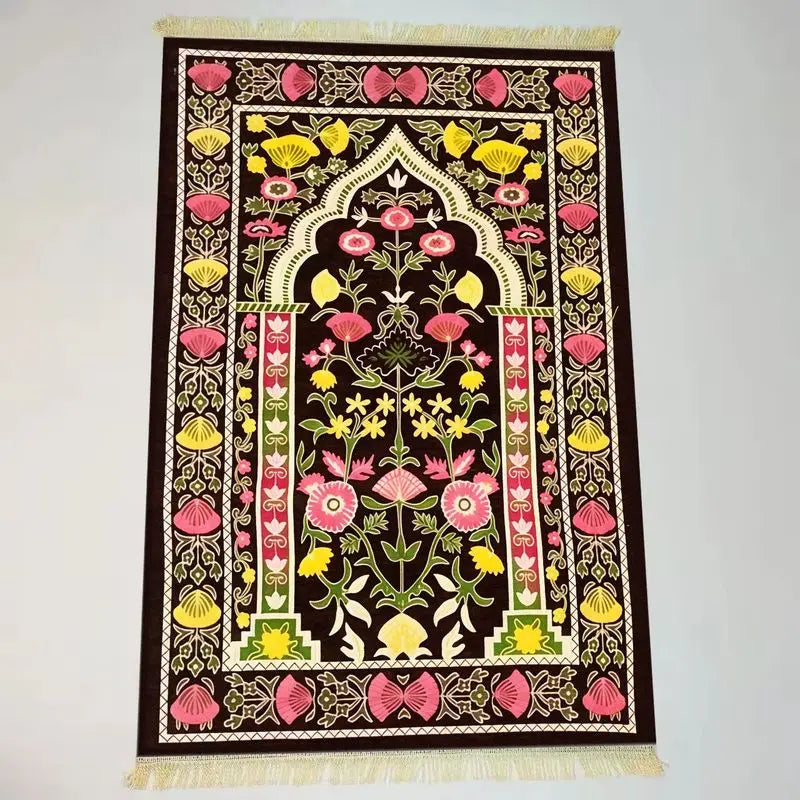 tapis prière musulman vert foncé motif mosquée fleurs dorées velours épais maison
