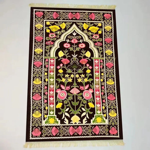 tapis prière musulman vert foncé motif mosquée fleurs dorées velours épais maison
